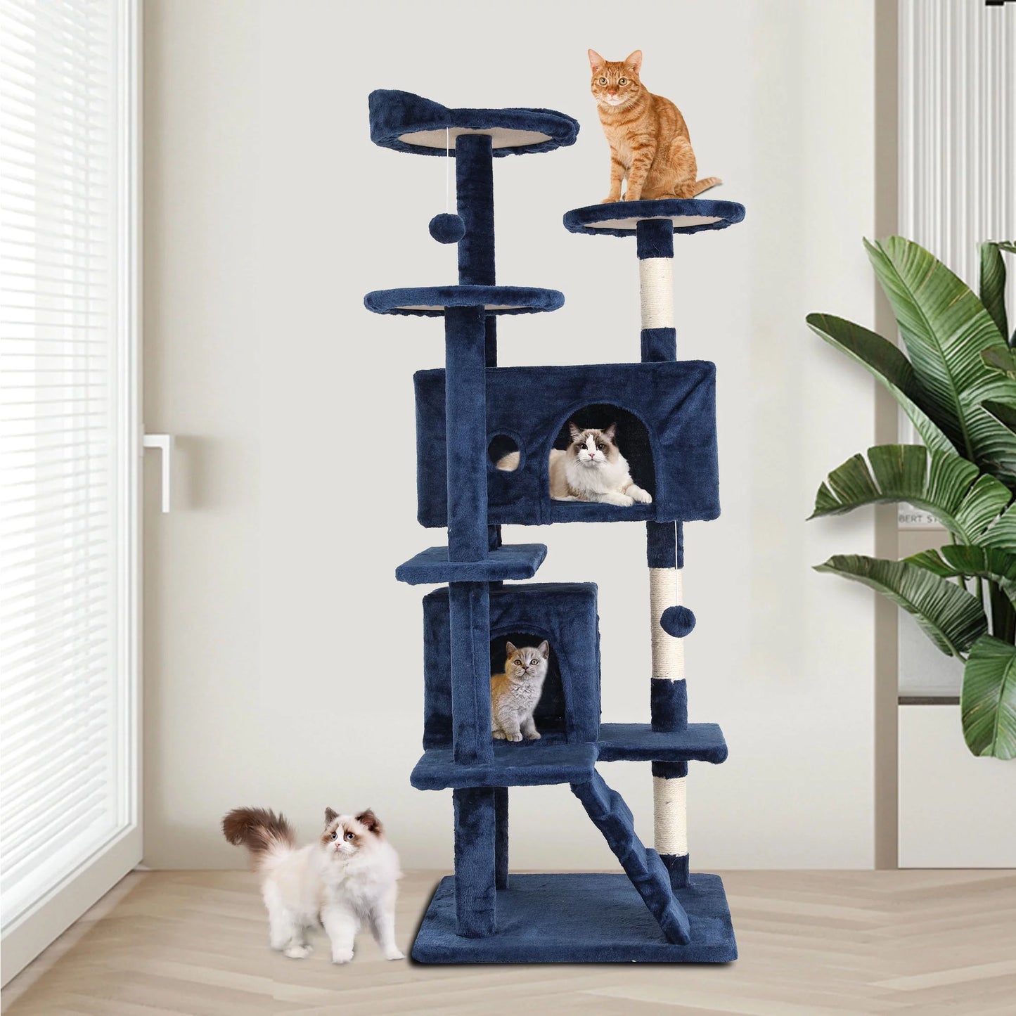 54-In Double Condo Cat Tree Tower Playhouse with Scratching Post & Perch for Indoor, Light Gray