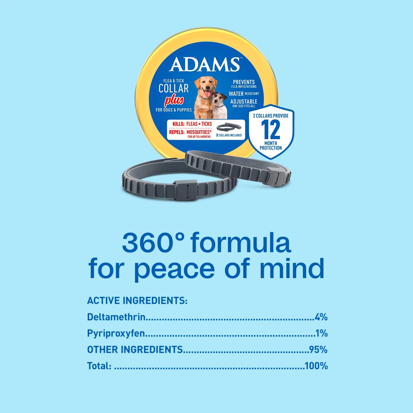 Flea & Tick Collar plus for Dogs & Puppies, 2 Pack, 12 Month Protection, Adjustable One Size, Kills Fleas, Ticks & Repels Mosquitoes, excluding California