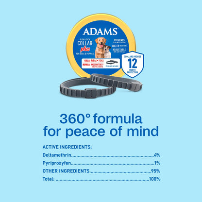 Flea & Tick Collar plus for Dogs & Puppies, 2 Pack, 12 Month Protection, Adjustable One Size, Kills Fleas, Ticks & Repels Mosquitoes, excluding California