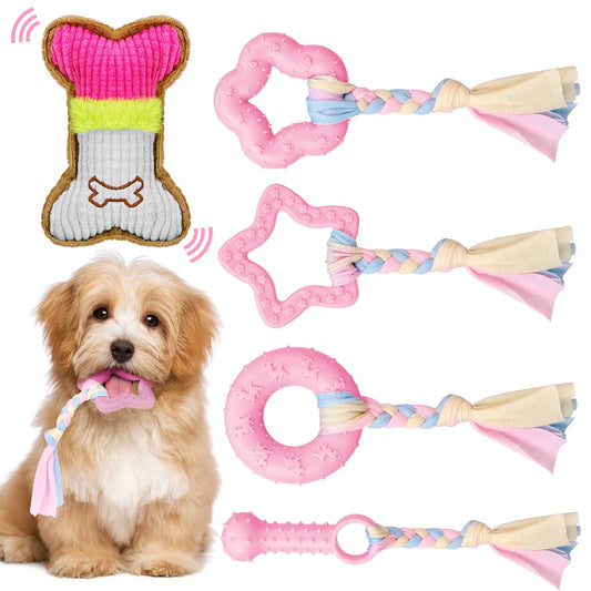 5 Pack Puppy Chew Toys for Teething Small Dogs, Pink Rubber Puppy Teething Toys Plush Squeaky Dog Toys for Cleaning Teeth Interactive Pet Doggy Bone Toys
