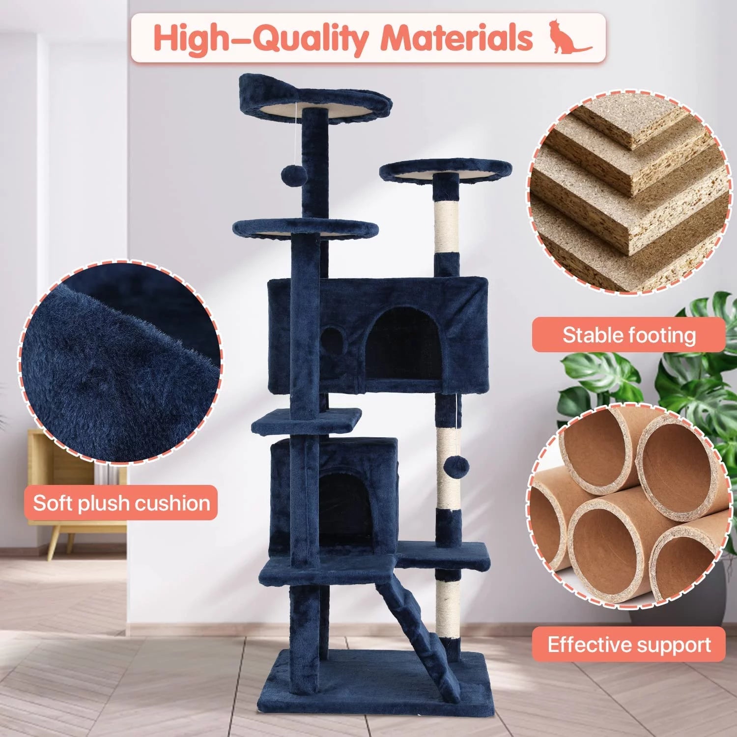 54-In Double Condo Cat Tree Tower Playhouse with Scratching Post & Perch for Indoor, Light Gray