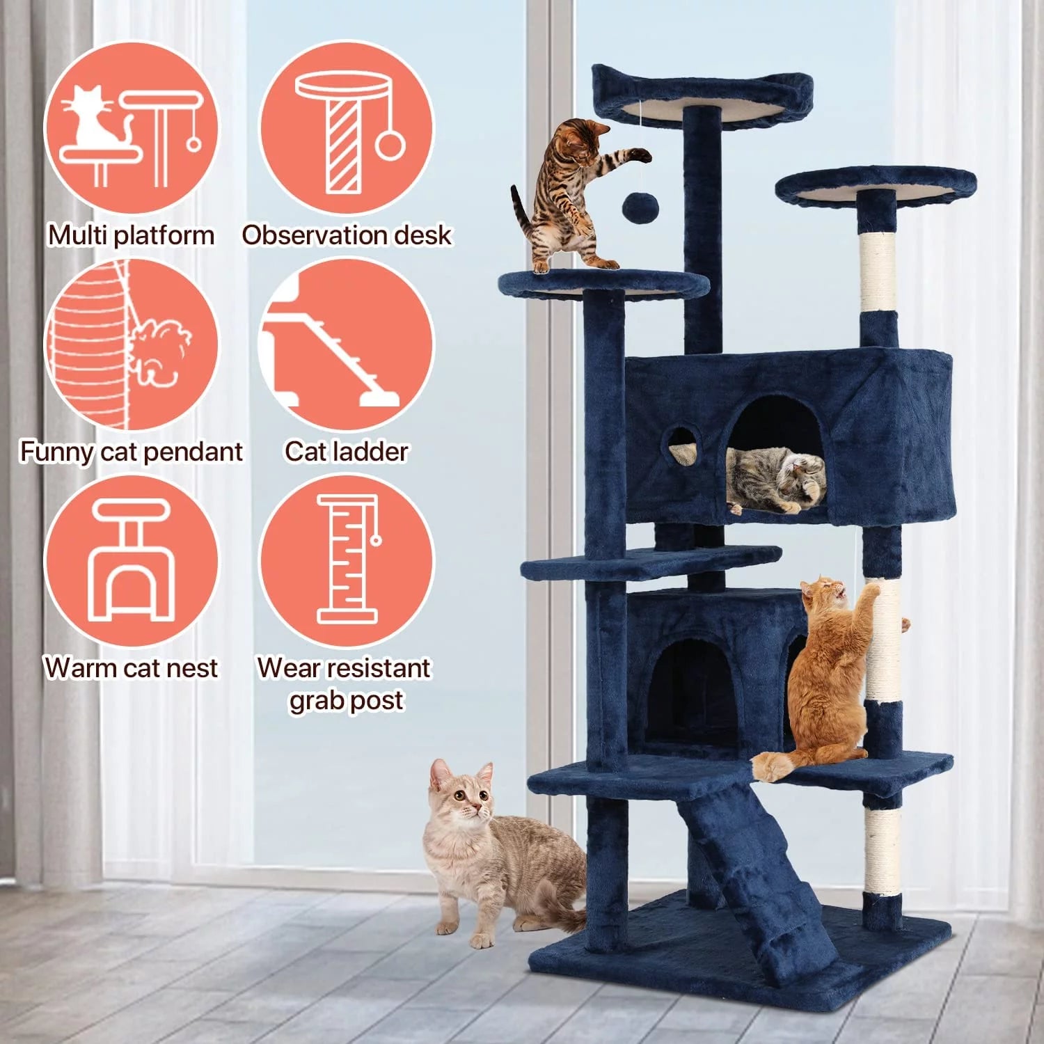 54-In Double Condo Cat Tree Tower Playhouse with Scratching Post & Perch for Indoor, Light Gray