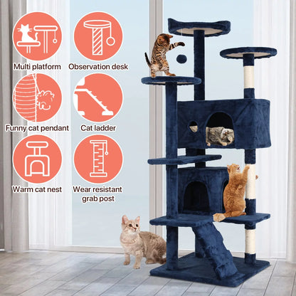 54-In Double Condo Cat Tree Tower Playhouse with Scratching Post & Perch for Indoor, Light Gray