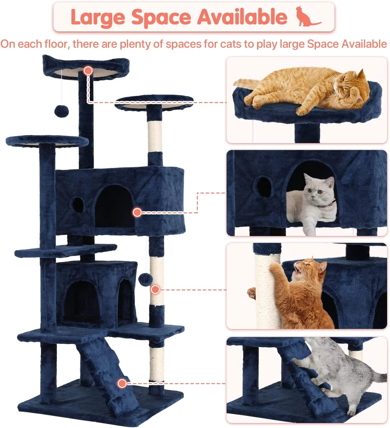 54-In Double Condo Cat Tree Tower Playhouse with Scratching Post & Perch for Indoor, Light Gray