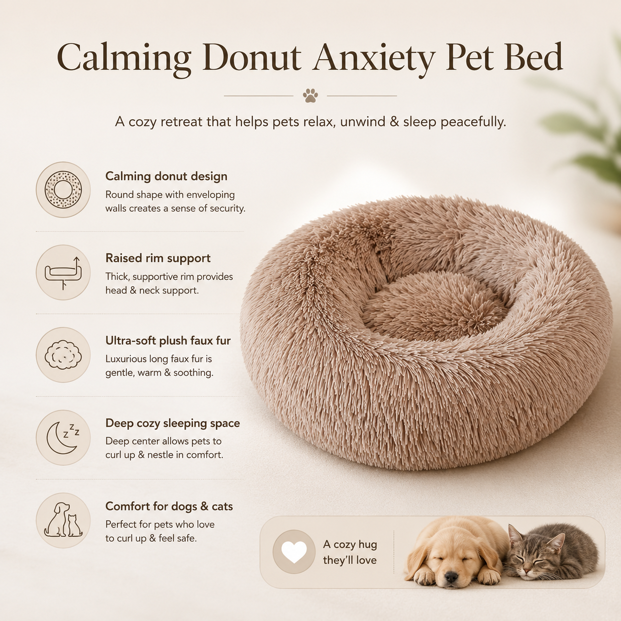 PetCozy Calming Donut Anxiety Pet Bed
