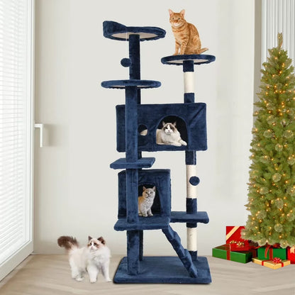 54-In Double Condo Cat Tree Tower Playhouse with Scratching Post & Perch for Indoor, Light Gray