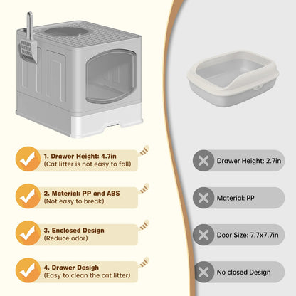 Large Foldable Cat Litter Box with Scoop, Front Entry Top Exit Cat Litter Pan with Lid, Enclosed Anti-Splashing Kitty Litter Box, Drawer Type Cat Litter Easy Cleaning and Scoop, Gray