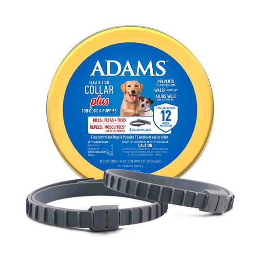 Flea & Tick Collar plus for Dogs & Puppies, 2 Pack, 12 Month Protection, Adjustable One Size, Kills Fleas, Ticks & Repels Mosquitoes, excluding California