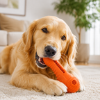 A golden retriever dog lying on a beige carpet in a bright living room, holding an orange textured rubber chew toy in its mouth.