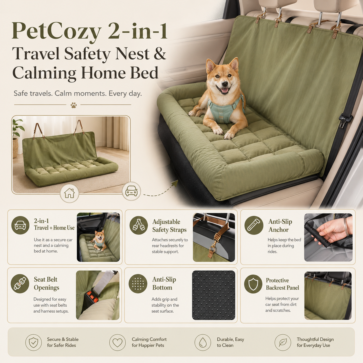 PetCozy 2-in-1 Travel Safety Nest & Calming Home Bed